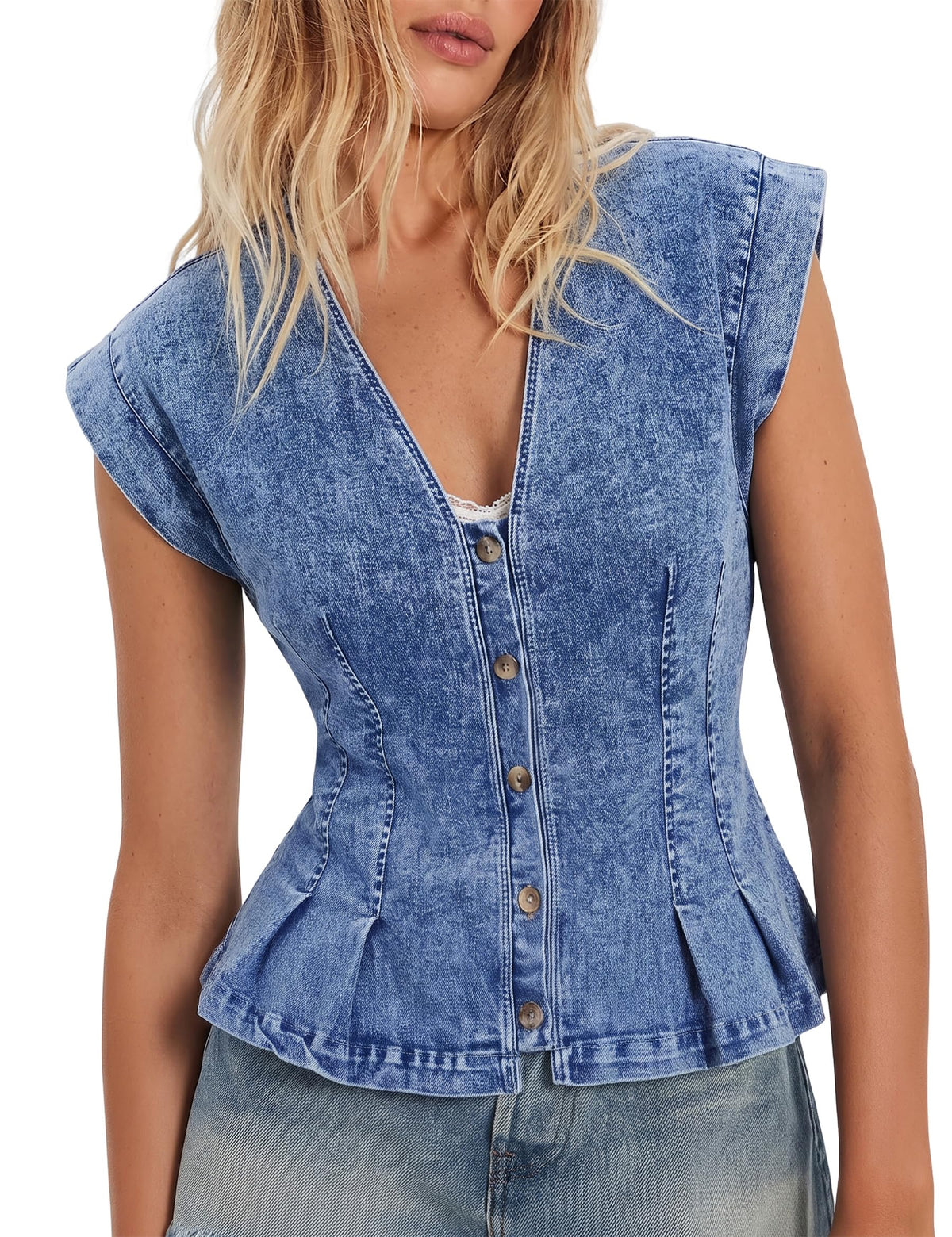 Denim Vest Tops for Women Y2k Pleated Button Down Jean Vests Shirts
