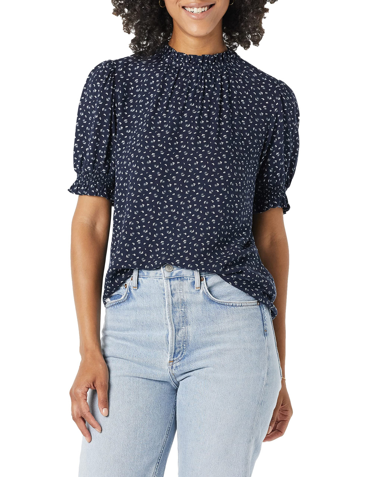 Amazon Essentials Women's Fluid Twill Short Puff Sleeve Ruffle Smocked Shirt