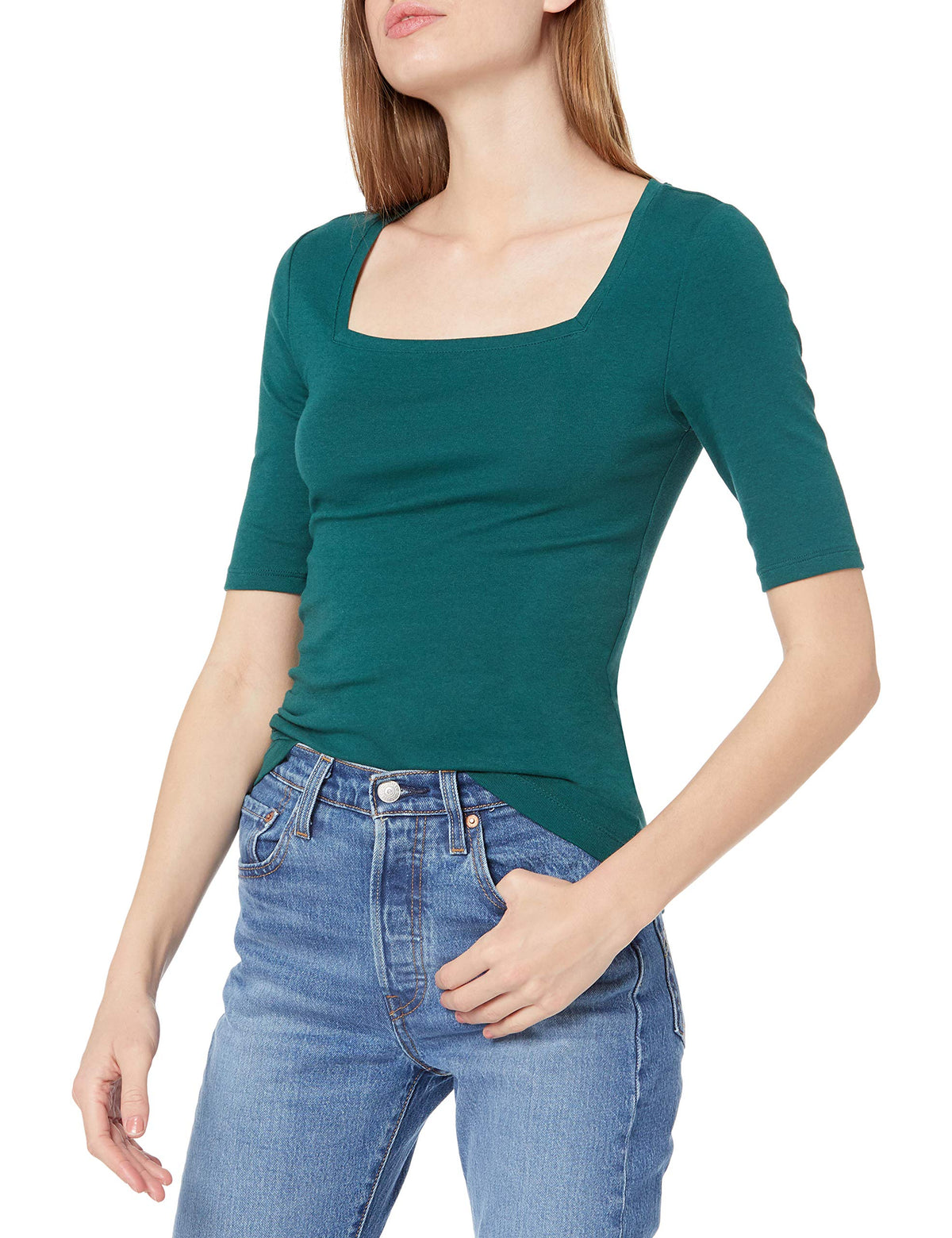 Amazon Essentials Women's Slim Fit Half Sleeve Square Neck Cotton Modal T-Shirt