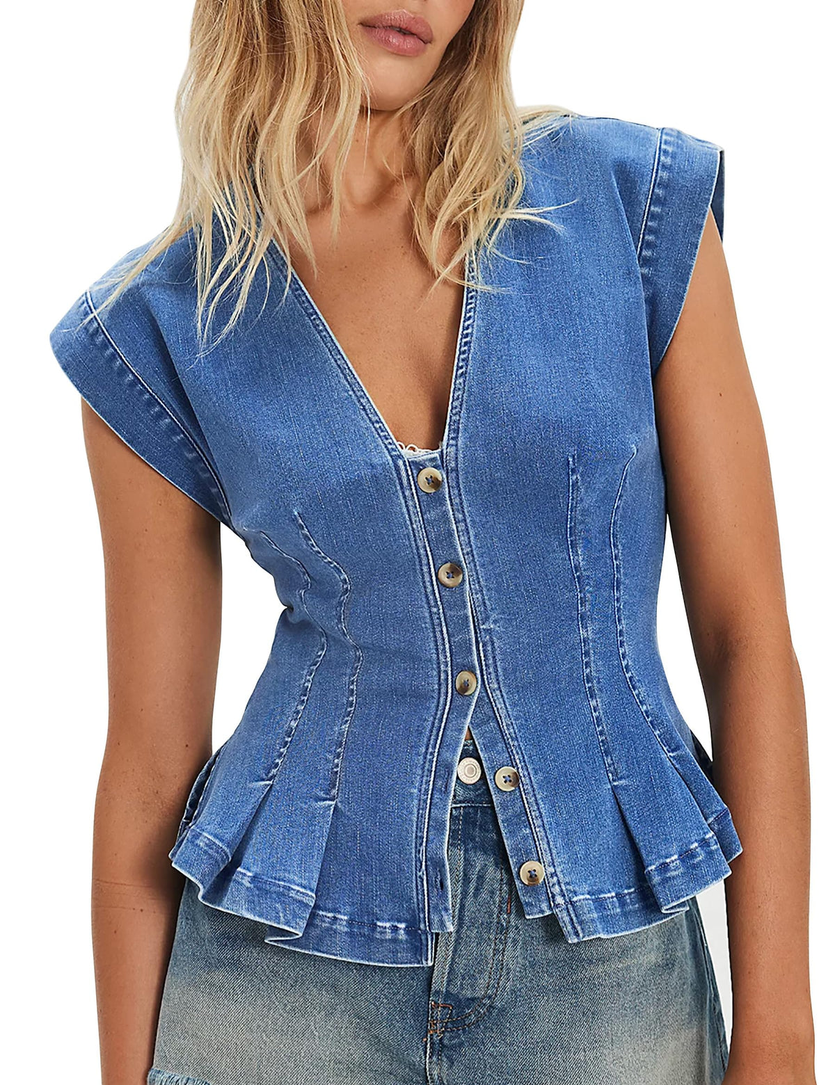 Denim Vest Tops for Women Y2k Pleated Button Down Jean Vests Shirts